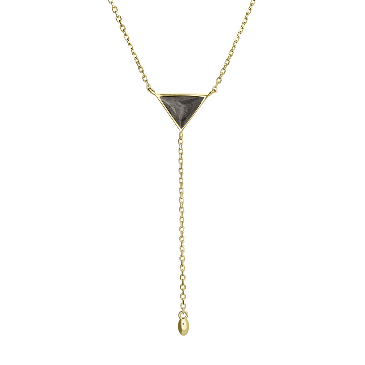 Pictured here is the Lariat Cremation Necklace design in 14K Yellow Gold by close by me jewelry from the side to show the thickness of its bezel and its dark gray setting