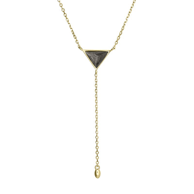 Pictured here is the Lariat Cremation Necklace design in 14K Yellow Gold by close by me jewelry from the side to show the thickness of its bezel and its dark gray setting