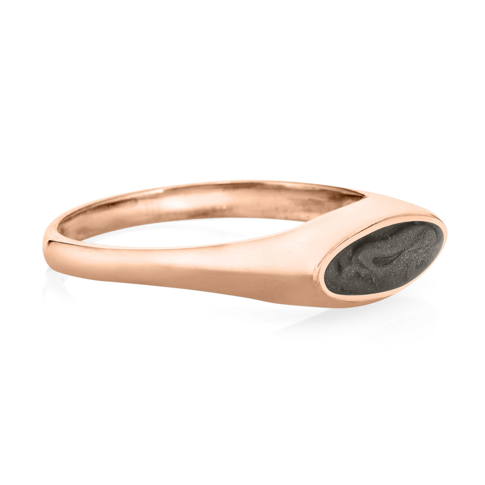 A photo that shows close by me's Lateral Marquee Signet Cremation Ring in 14K Rose Gold from the side