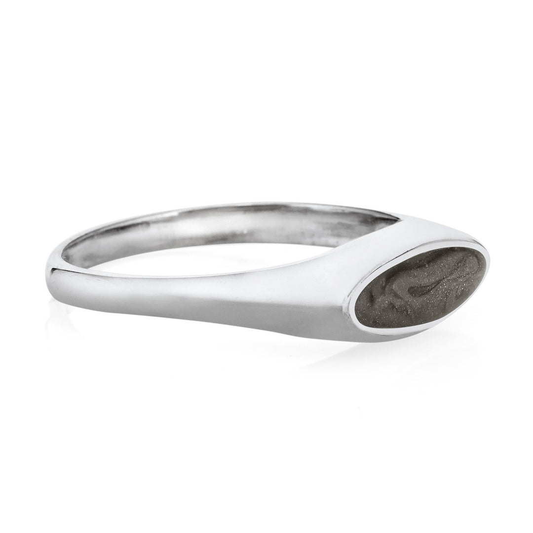 A photo that shows close by me's Lateral Marquee Signet Ring design in 14K White Gold from the side