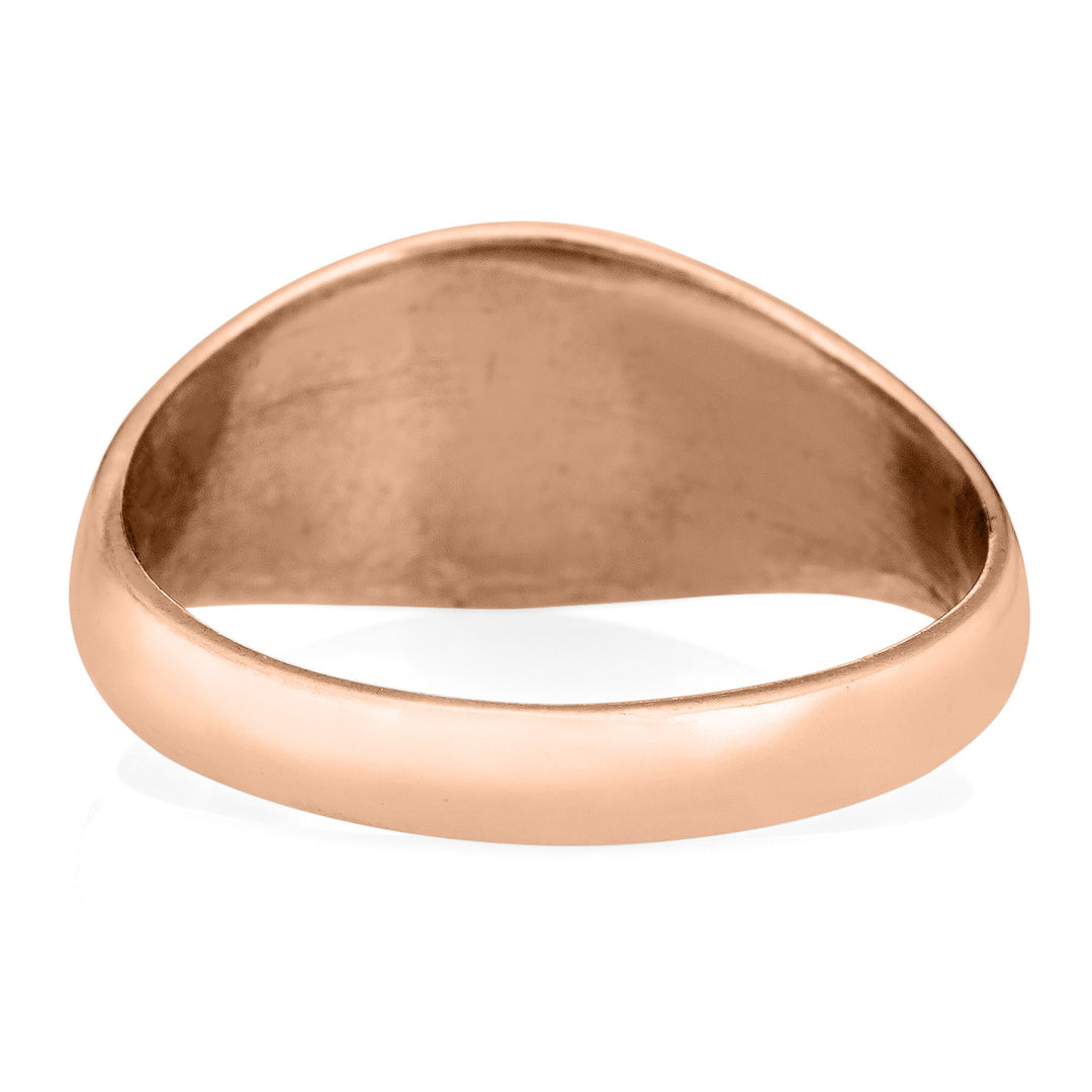 Pictured here is the 14K Rose Gold Men's Lateral Oval Signet Cremation Ring by close by me jewelry from the back