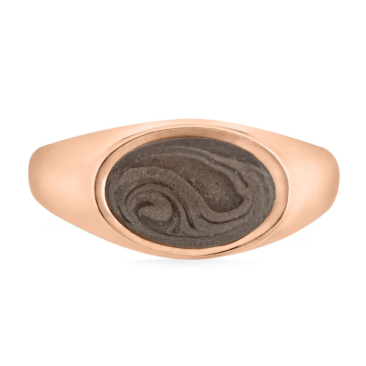 Pictured here is the 14K Rose Gold Men's Lateral Oval Signet Cremation Ring by close by me jewelry from the front