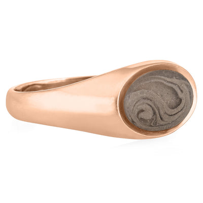 Pictured here is the 14K Rose Gold Men's Lateral Oval Signet Cremation Ring by close by me jewelry from the side