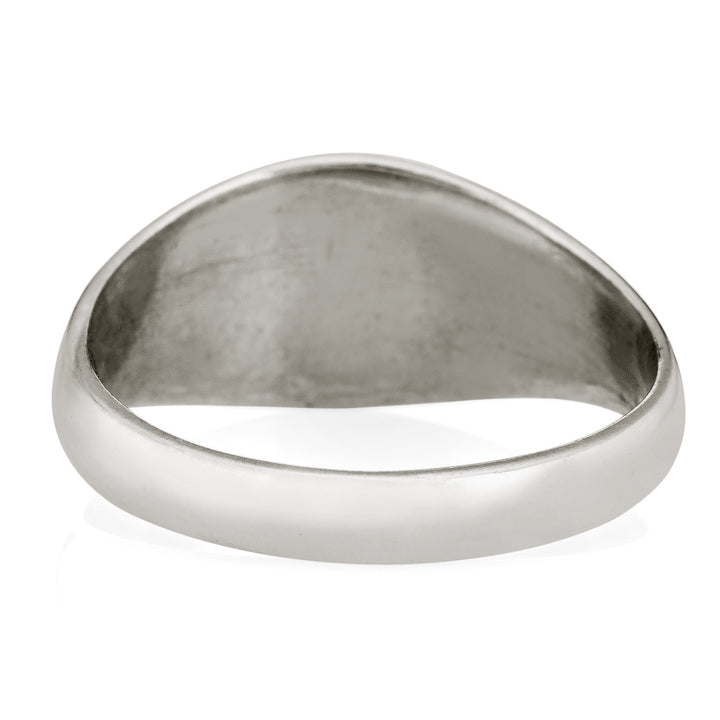 Pictured here is close by me jewelry's Sterling Silver Men's Lateral Oval Signet Ring from the back