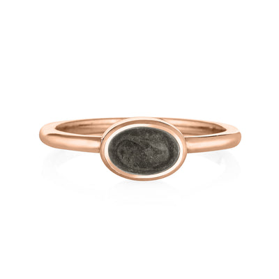 This photo shows close by me jewelry's 14K Rose Gold Lateral Oval Stacking Cremation Ring design from the front
