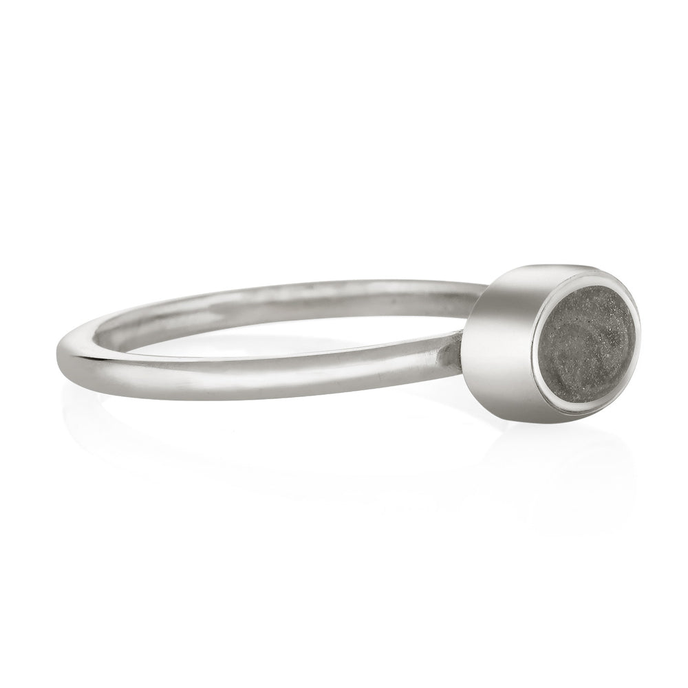 Pictured here is close by me jewelry's Lateral Oval Stacking Cremains Ring in Sterling Silver from the side