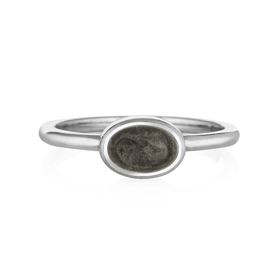Pictured here is the Lateral Oval Ashes Stacking Ring design by close by me jewelry in 14K White Gold from the front 