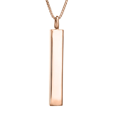 This photo shows the Long Bar Necklace with Ashes designed and set by close by me jewelry in 14K Rose Gold from the back