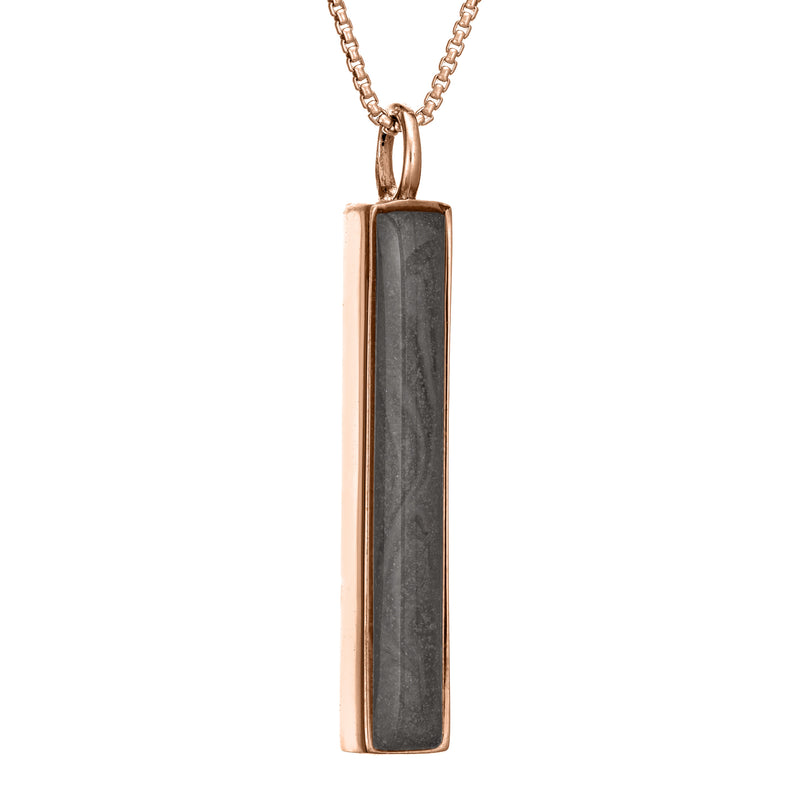 This photo shows the Long Bar Necklace with Ashes designed and set by close by me jewelry in 14K Rose Gold from the side