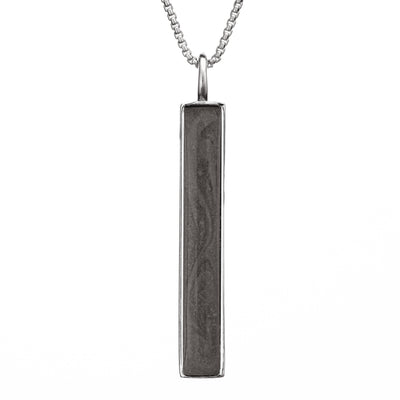 This photo shows the Long Bar Necklace with Ashes designed and set by close by me jewelry in Sterling Silver from the front