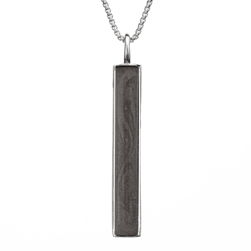 This photo shows the Long Bar Necklace with Ashes designed and set by close by me jewelry in Sterling Silver from the front