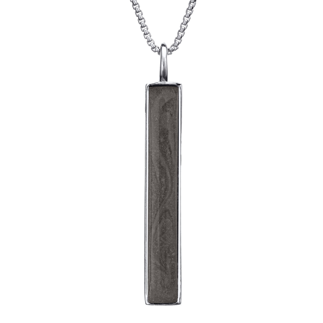 This photo shows the Long Bar Necklace with Ashes designed and set by close by me jewelry in 14K White Gold from the front