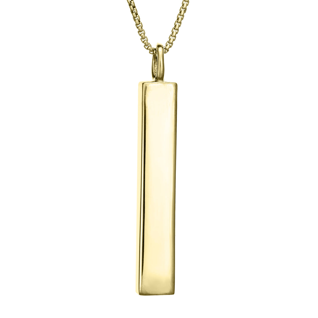 This photo shows the Long Bar Necklace with Ashes designed and set by close by me jewelry in 14K Yellow Gold from the back