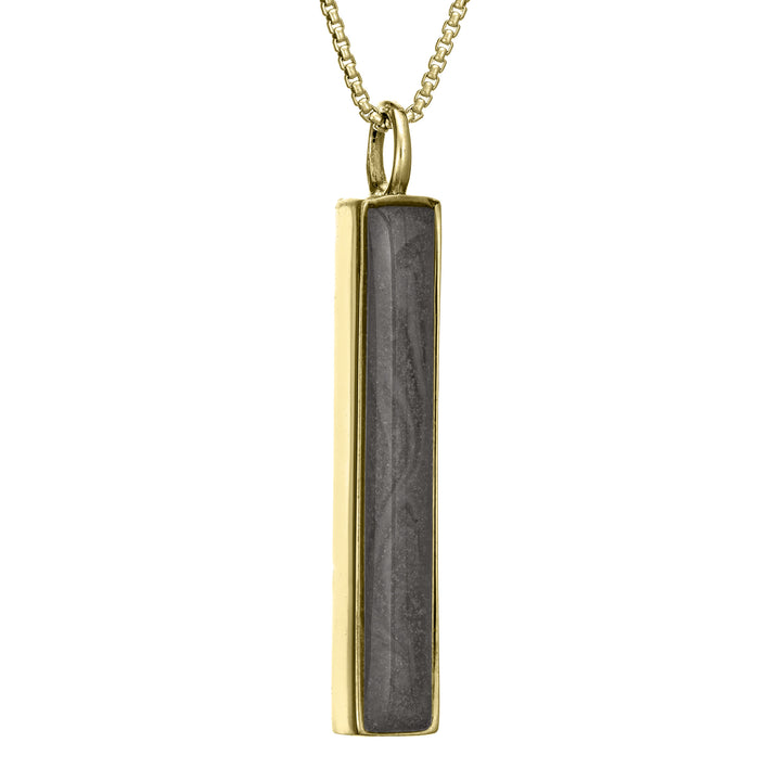 This photo shows the Long Bar Necklace with Ashes designed and set by close by me jewelry in 14K Yellow Gold from the side