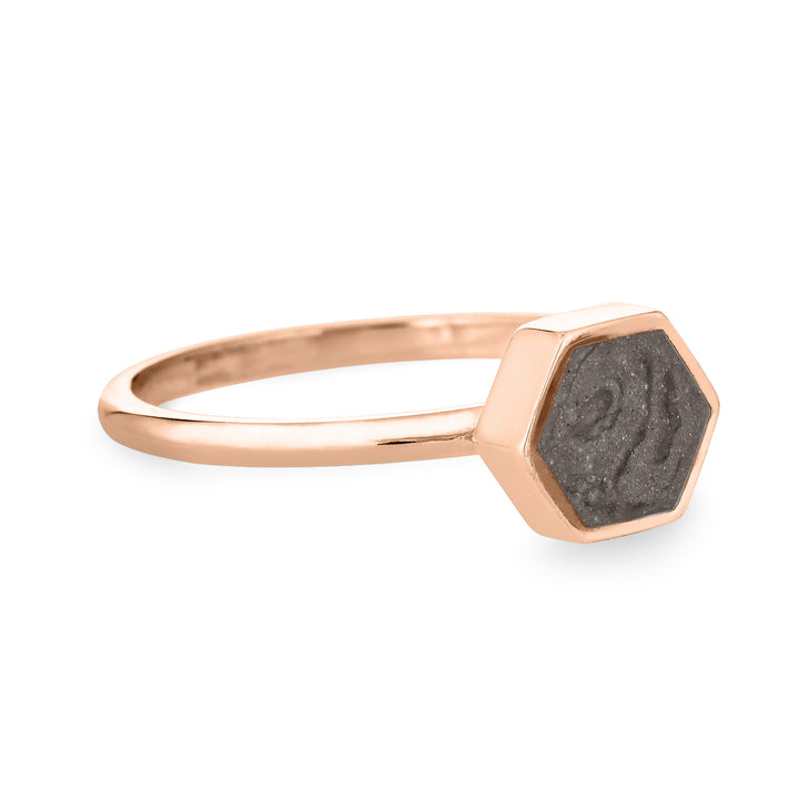 Pictured here is the Medium Hexagon Stacking Cremation Ring by close by me jewelry in 14K Rose Gold from the side