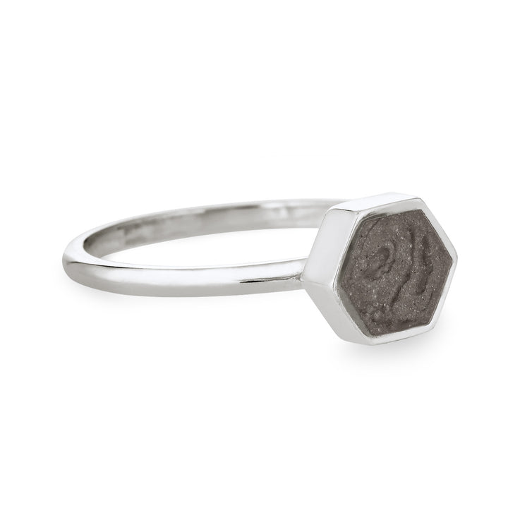 Pictured here is the Sterling Silver Medium Hexagon Cremation Stacking Ring by close by me jewelry from the side