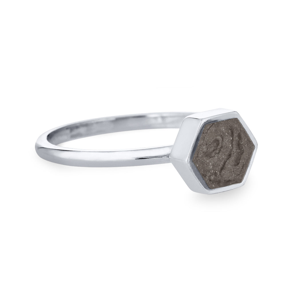Pictured here is close by me jewelry's 14K White Gold Medium Hexagon Stacking Cremains Ring from the side