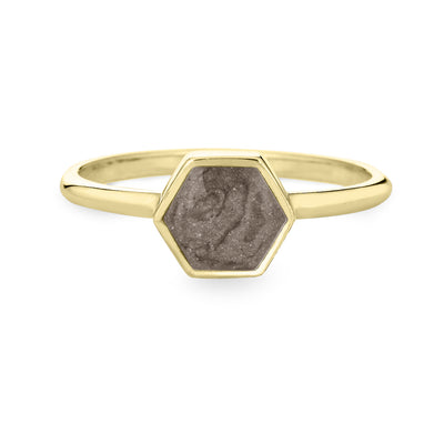 This photo shows close by me jewelry's Medium Hexagon Cremation Stacking Ring in 14K Yellow Gold from the front