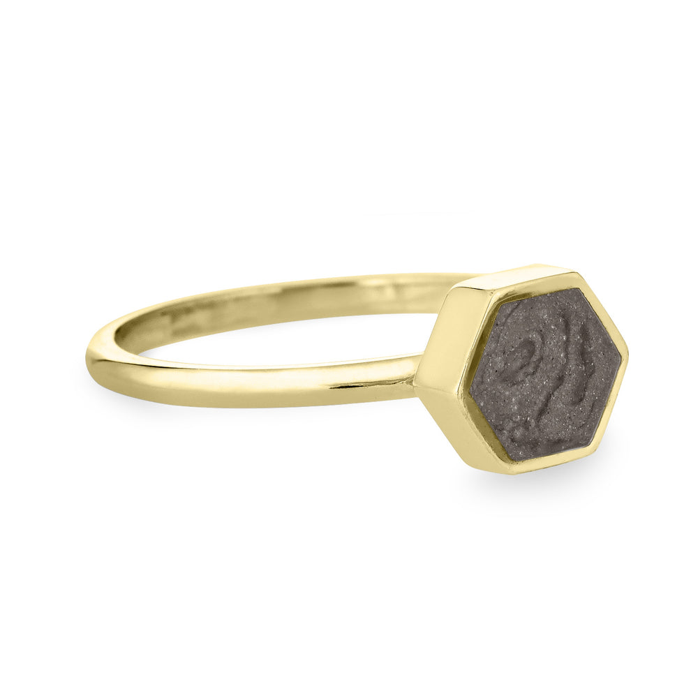 This photo shows close by me jewelry's Medium Hexagon Cremation Stacking Ring in 14K Yellow Gold from the side