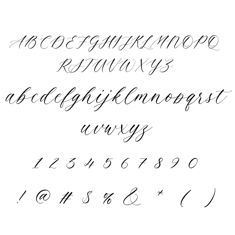 This is an example of the Script Font option for engraving. It lists all the letters of the English alphabet capitalized and then lowercase, as well as numbers one through nine and then a list of simple, common symbols.