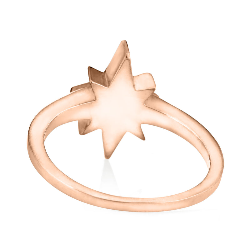 Pictured here is the 14K Rose Gold North Star Ashes Ring design by close by me jewelry from the back to show the band detail and back of the setting