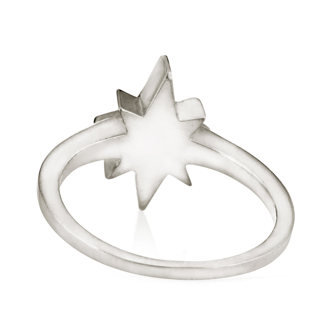 Pictured here is close by me jewelry's Sterling Silver North Star Cremation Ring from the back to show the band detail and back of the setting