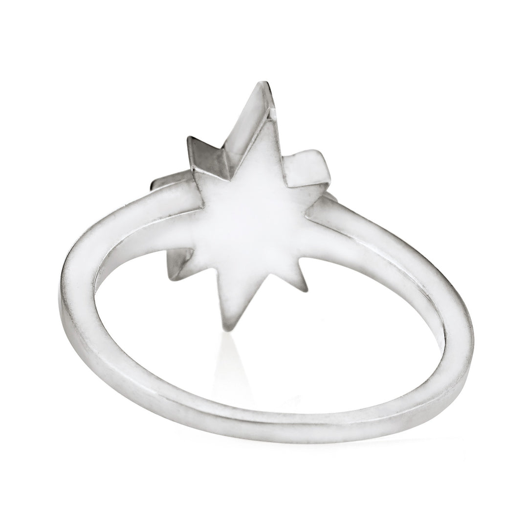 Pictured here is close by me jewelry's 14K White Gold North Star Cremation Ring design from the back to show the band detail and back of the setting