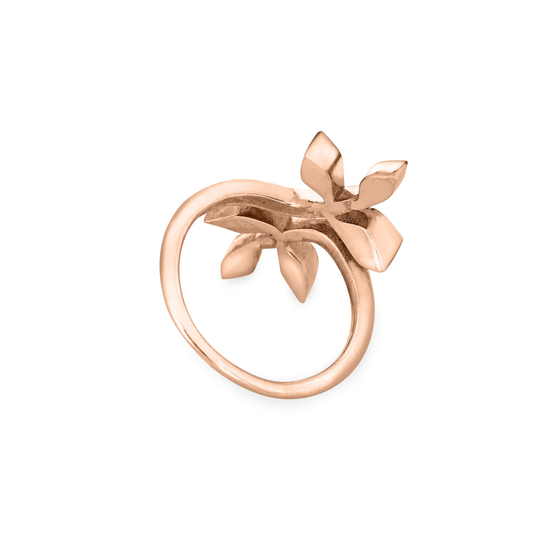 Pictured here is close by me jewelry's 14K Rose Gold Olive Branch Cremation Ring design from the back to show the detail of the band and back of the setting