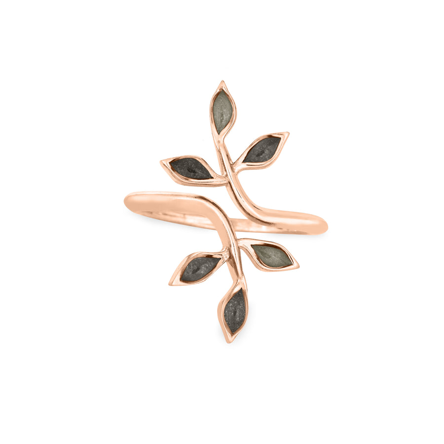Pictured here is close by me jewelry's 14K Rose Gold Olive Branch Cremation Ring design from the front to show its multicolored ashes settings