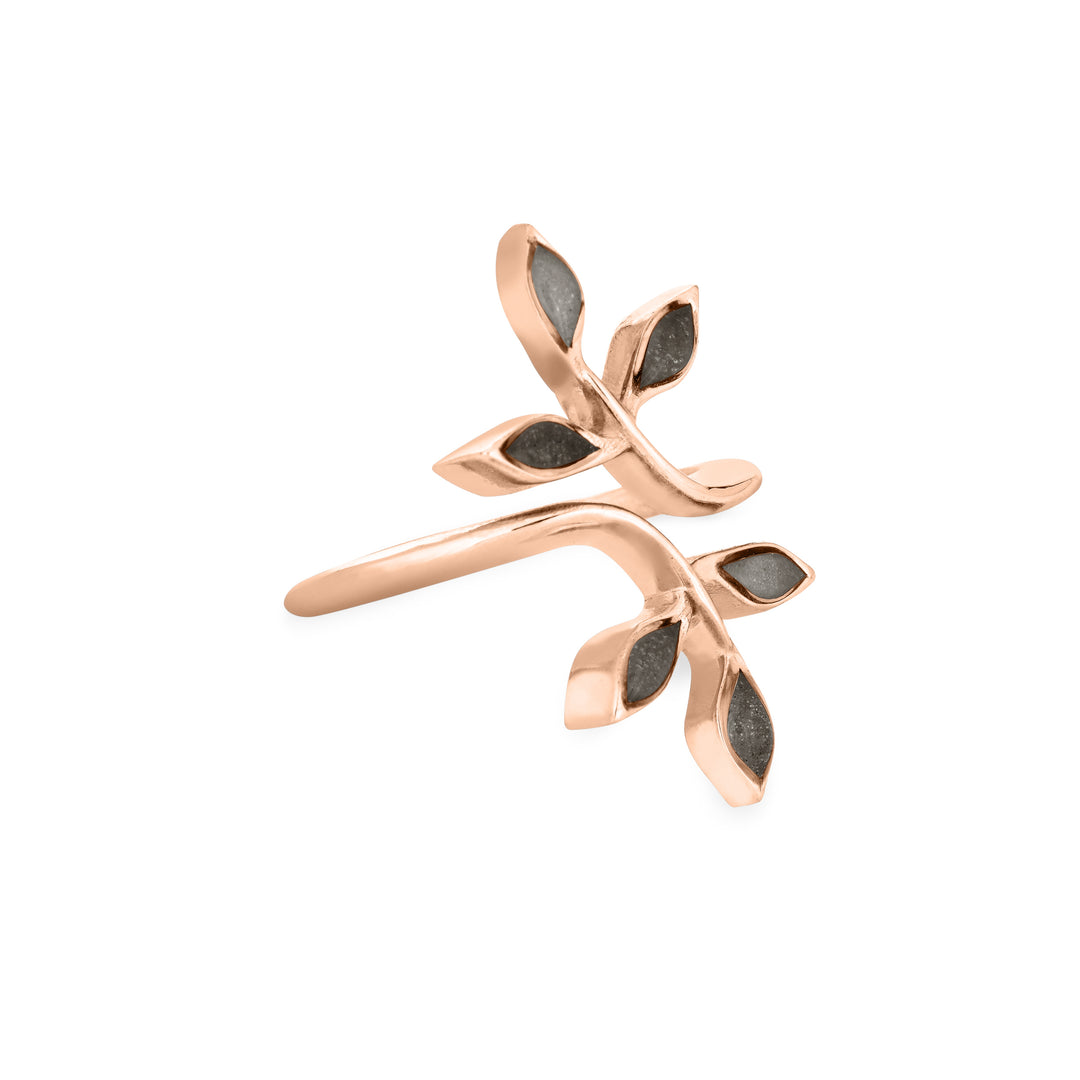 Pictured here is close by me jewelry's 14K Rose Gold Olive Branch Cremation Ring design from the side to show the thickness of the metal and multicolored cremation settings