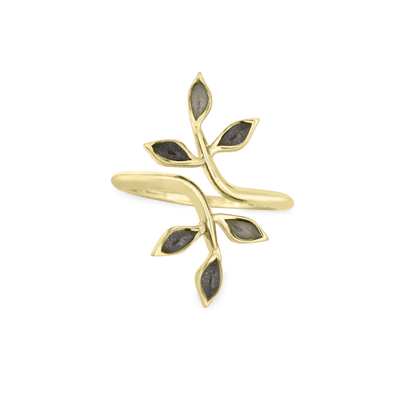Pictured here is the 14K Yellow Gold Olive Branch Ashe Ring design by close by me jewelry from the front to show its multicolored cremation settings