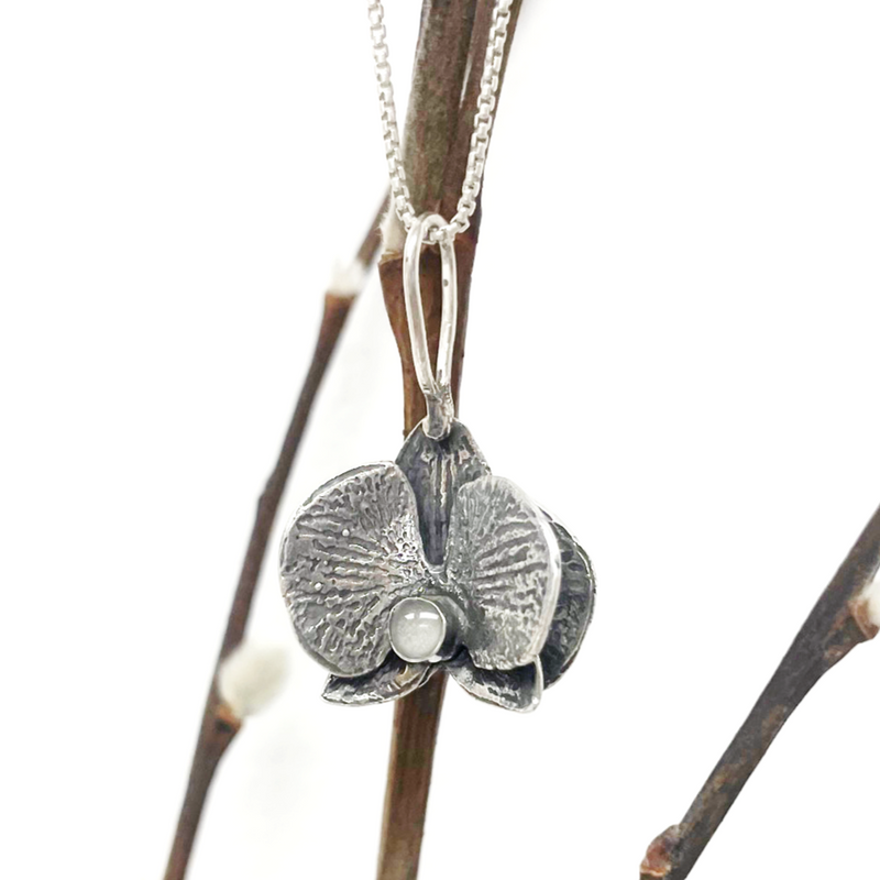 Handmade Orchid Cremation Necklace in Sterling Silver