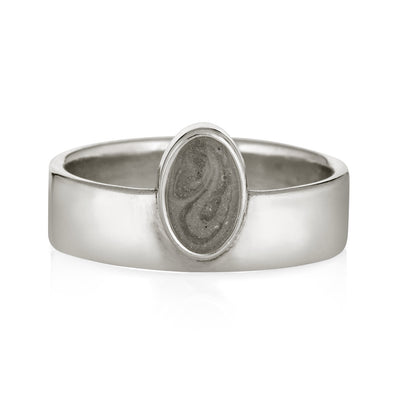 This photo shows close by me jewelry's Sterling Silver Oval Crown Ring with cremains from the front