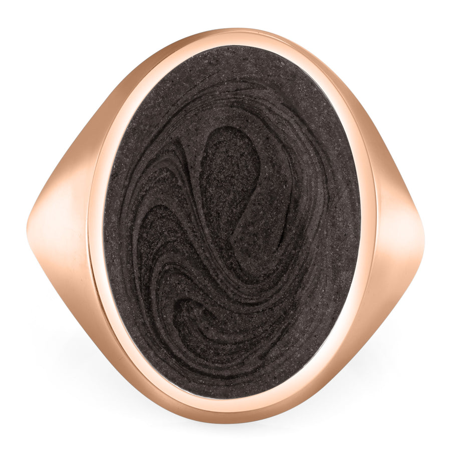 Pictured here is close by me jewelry's Men's Oval Signet Cremation Ring in 14K Rose Gold from the front to show its grey ashes setting