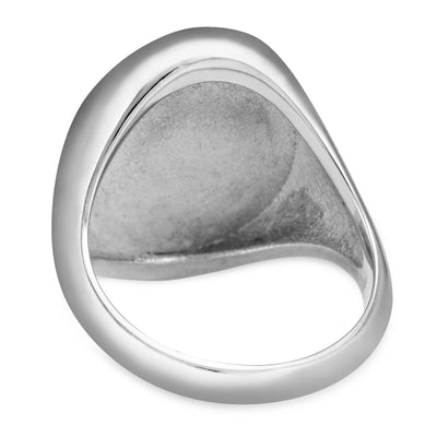 Pictured here is the Men's Oval Signet Cremation Ring design by close by me jewelry from the back to show the detail of the back of the setting and tapered band