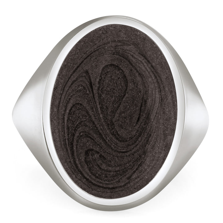 Pictured here is the Men's Oval Signet Cremation Ring design by close by me jewelry in Sterling Silver from the front to show its large gray ashes setting