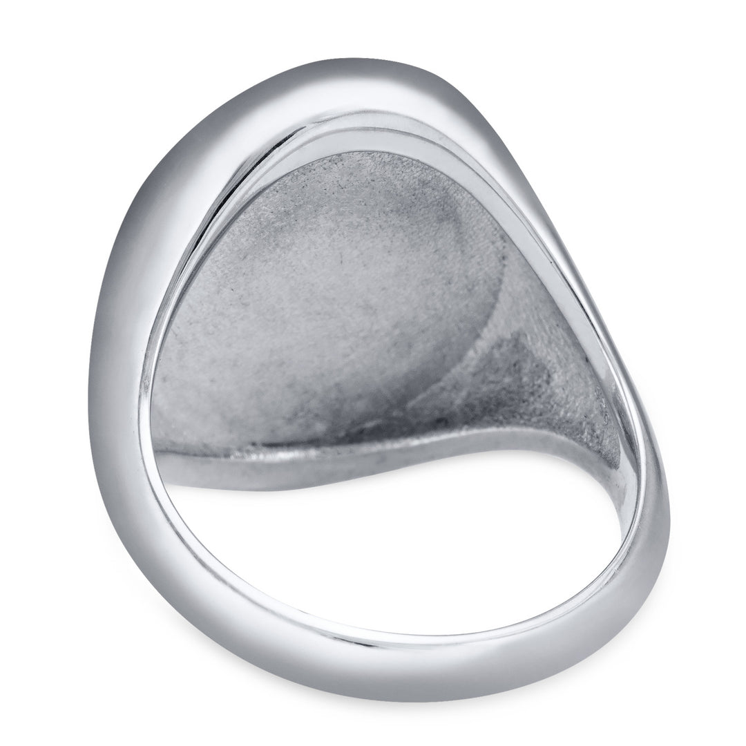Pictured here is close by me jewelry's 14K White Gold Men's Oval Signet Ring design from the back to show its tapered band and back of the setting