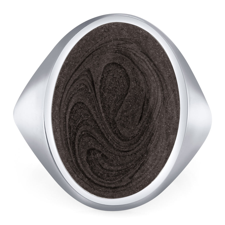 Pictured here is close by me jewelry's 14K White Gold Men's Oval Signet Ring design from the front to show its large grey ashes setting