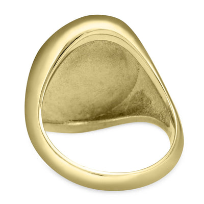 Pictured here is the 14K Yellow Gold Oval Signet Men's Ashes Ring design by close by me jewelry from the back to show the back of its setting and tapered band
