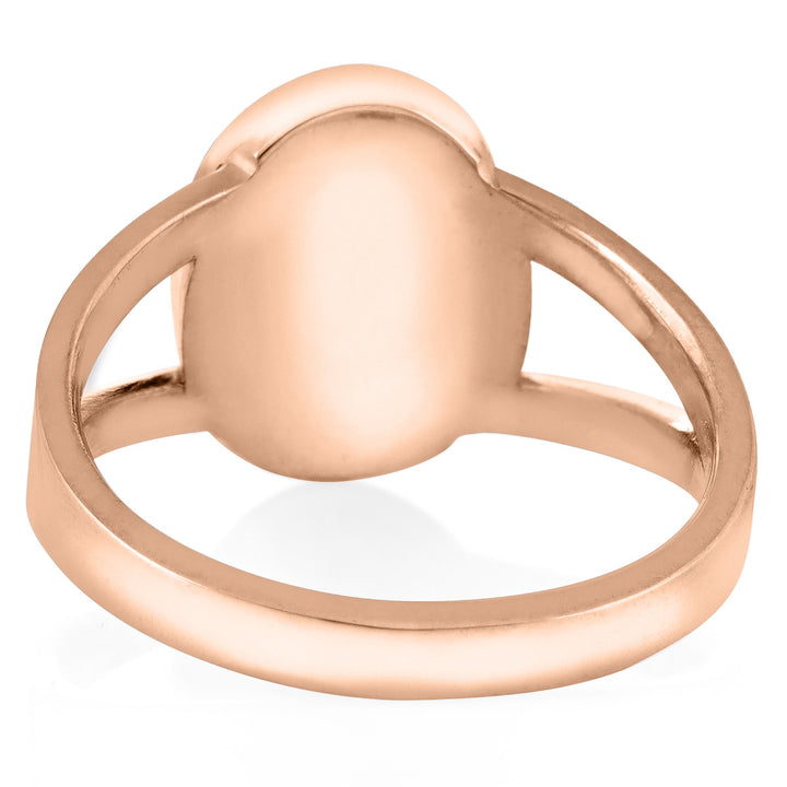 Pictured here is close by me jewelry's 14K Rose Gold Oval Split Shank Ashes Ring design from the back to show its band details and back of the setting