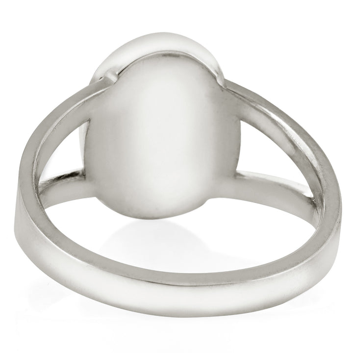 Pictured here is close by me jewelry's Sterling Silver Oval Split Shank Ashes Ring design from the back to show the detailing of the band and back of the setting