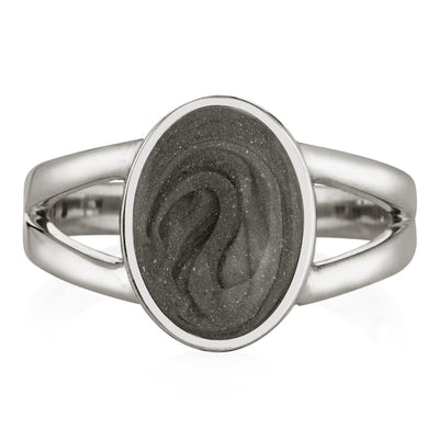 Pictured here is close by me jewelry's Sterling Silver Oval Split Shank Ashes Ring design from the front to show its medium grey cremation setting and split band