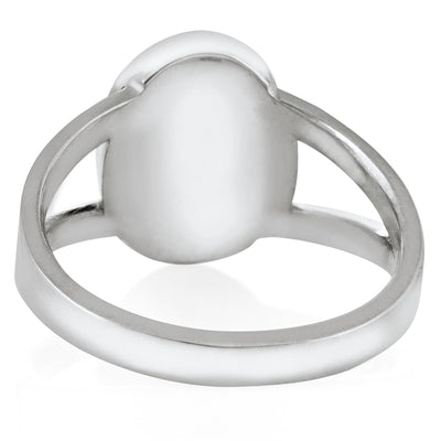 Pictured here is close by me jewelry's 14K White Gold Oval Split Shank Ashes Ring design from the back to show the detail of the band and back of the setting