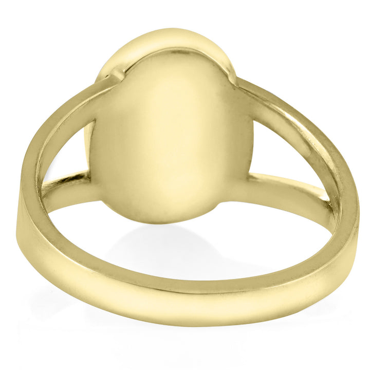 Pictured here is close by me jewelry's 14K Yellow Gold Oval Split Shank Ashes Ring design from the back to show the detail for the back of the setting and band