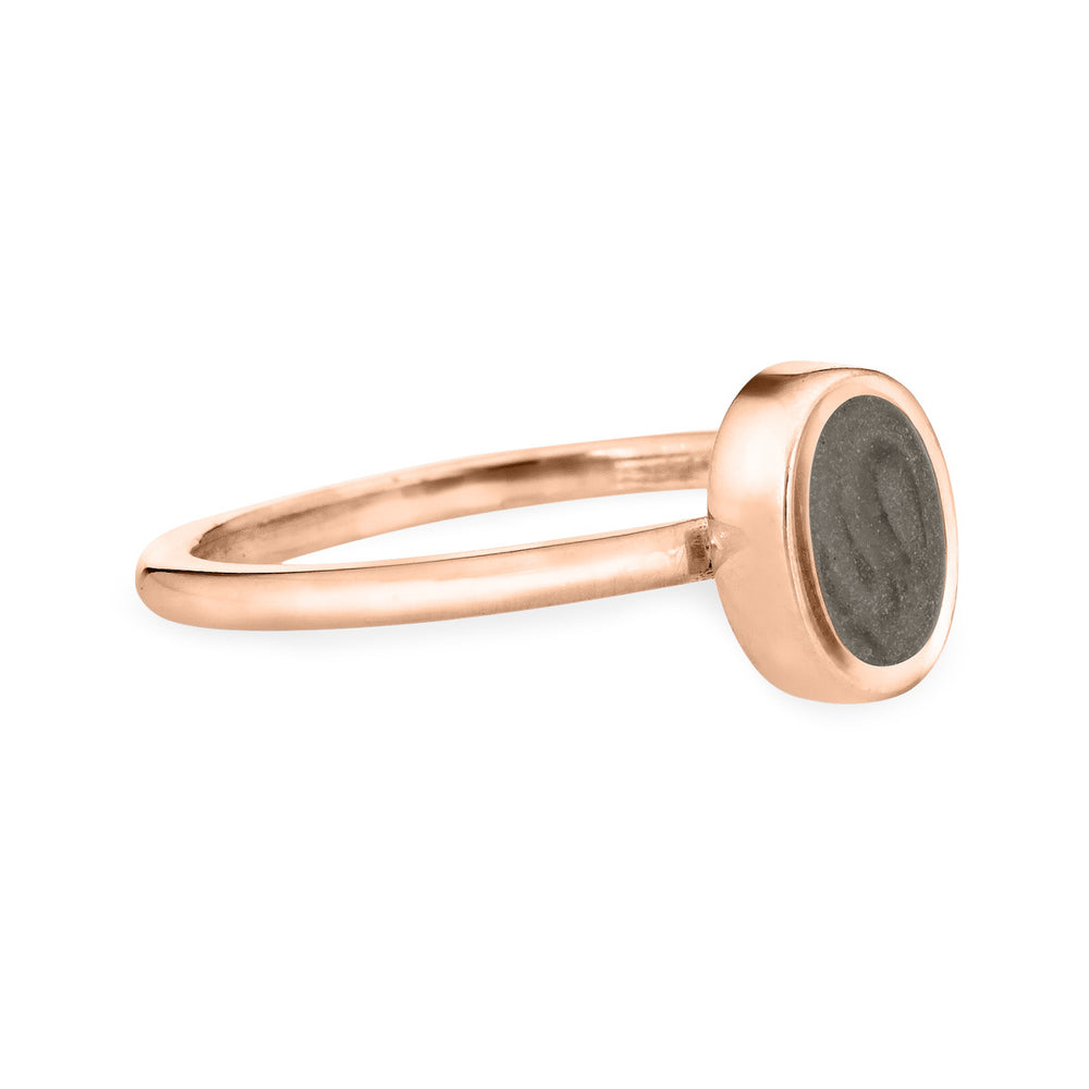 This photo shows the 14K Rose Gold Oval Stacking Cremation Ring designed by close by me jewelry from the side