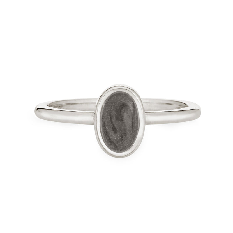 This photo shows the Oval Stacking Cremains Ring designed by close by me jewelry in Sterling Silver from the front