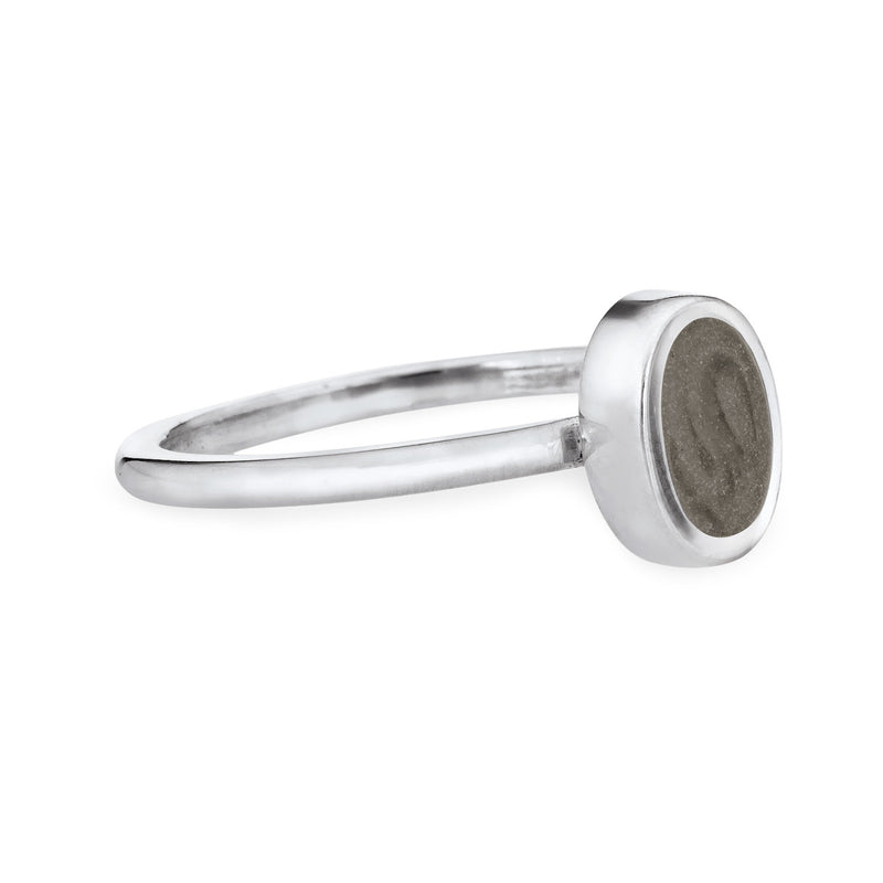 This photo shows the 14K White Gold Oval Stacking Ashes Ring designed by close by me jewelry from the back