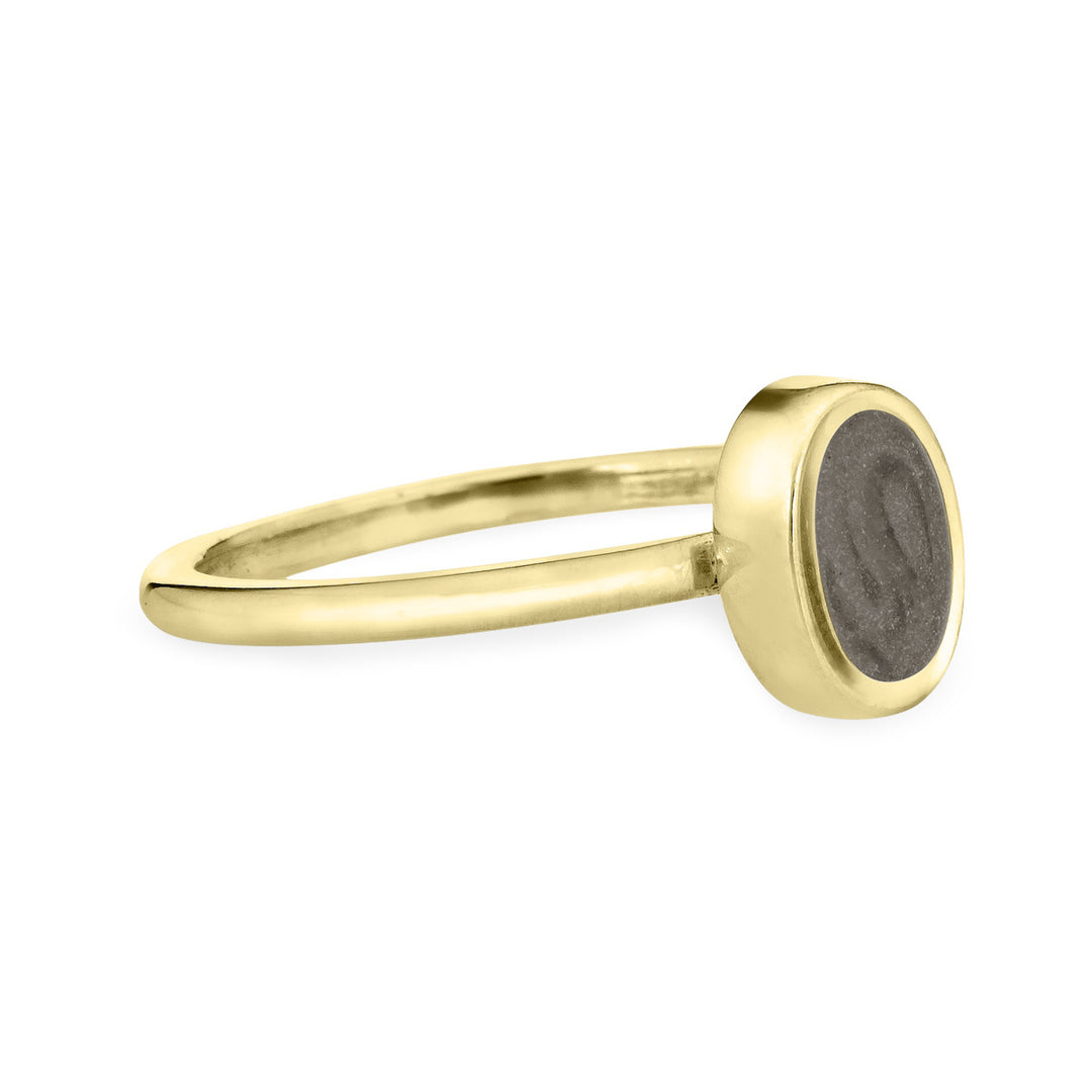 Pictured here is close by me jewelry's Oval Stacking Ashes Ring design in 14K Yellow Gold from the side