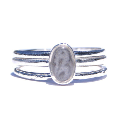 Pictured here is the Sterling Silver Oval Stacking Ring Set with ashes designed by close by me jewelry from the front