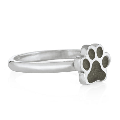 Pictured here is the 14K White Gold Paw Print Stacking Cremation Ring by close by me jewelry from the side to show the thickness of its bezel and width of the band